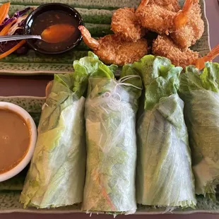 Spring roles and coconut shrimp.