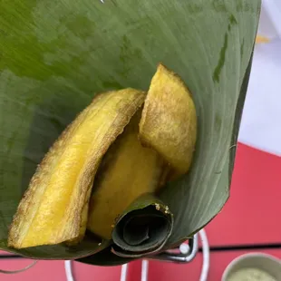 Fried plantains &amp; cilantro lime sauce.