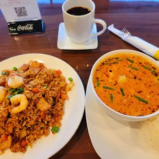 Enough for 2 persons. Basil Fried Rice (pork &amp; shrimp) and Chicken Red Curry