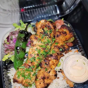 Chicken kabob plate with a grilled jalapeno (not spicy).