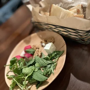 Bread, Herbs, Walnuts, Radishes, and Cheese