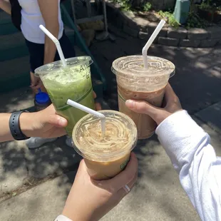 Iced Matcha Green Tea Latte, vanilla oat milk latte, mocha