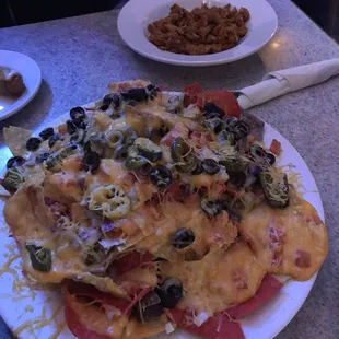 Full plate of nachos, chicken on the side.