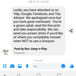 This unprofessional company sent me this message via Facebook.