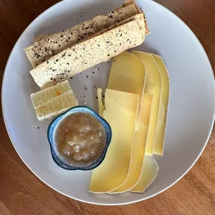 Aged alpine style cheese, crackers, honeycomb, rhubarb jam