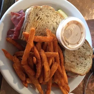 Rueben sandwich with sweet potato fries its great, great friendly service