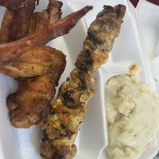 Wings. Small Chicken-On-A-Stick. Mashed