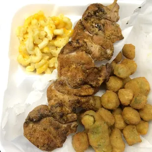 Chicken on a stick, Mac n cheese, fried okra