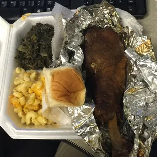 2015-11-11 14.41.17; Runway Grill - 3083 Winchester Rd, Memphis TN
 Turkey leg, mac &amp; cheese, turnip greens and roll