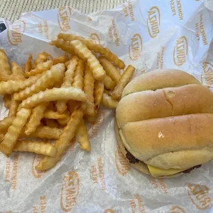 Single hamburger meal. Fries right out of the fryer. Yum!