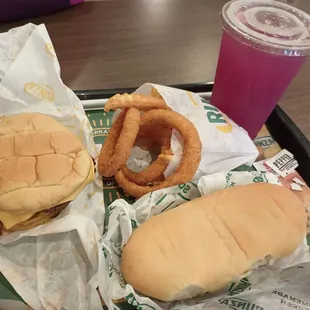 Bacon Cheeseburger, Frings, Runza, Pear Lemonade