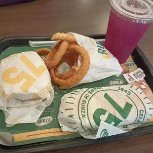 Bacon Cheeseburger, Frings, Runza, Pear Lemonade