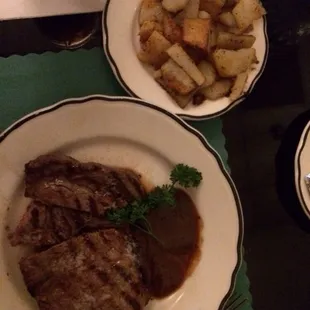 Rib eye with American fries.