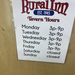 Tavern Hours as of 11/29/22.