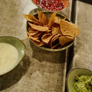 Three Amigos: chips + guacamole, queso blanco and smokey house salsa