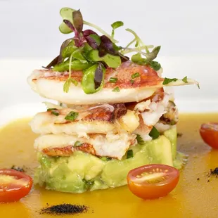 Dungeness and Lobster Salad with yellow Tomao Gazpacho