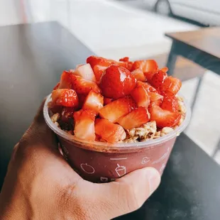 a hand holding a bowl of strawberries