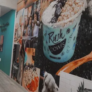 a wall with a variety of food items
