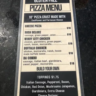 Pizza menu