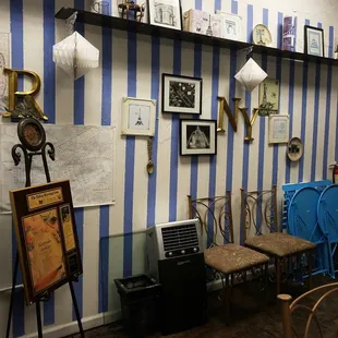 a blue and white striped room