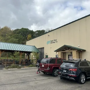 a parking lot with parked cars