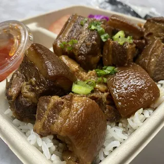 Braised Pork Belly and Lumpia Rice Plate