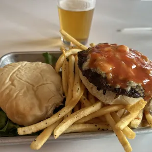 Spicy Blue burger with french fries and a 420 IPA.