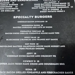 Specialty burger menu.
