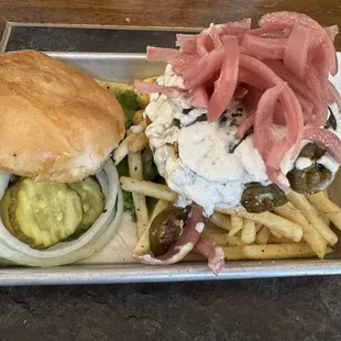 Pickled red onions and jalepenos on the best burger and aioli
