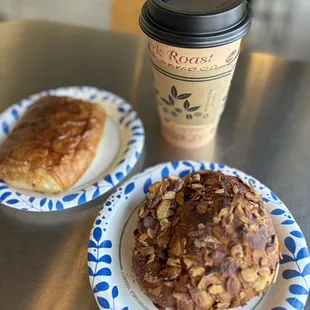Chocolate Croissant, Cinnamon Almond Croissant, Latte with foam