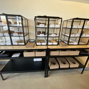 Baked good cases where you can select one and put it on a plate, in a bag, or in a larger box if you&apos;re getting several items.