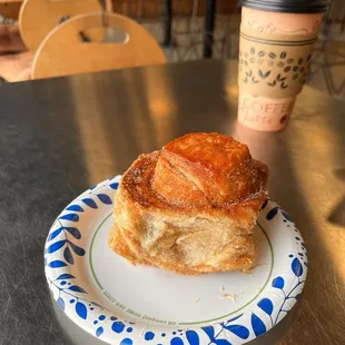 My insanely flaky, delicate warmed cinnamon roll and 16 ounce soy mocha (they have all the non-dairy milks)