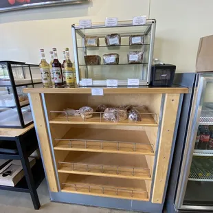 Individual wrapped breads and coffee syrups.