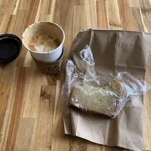 Latte w soy milk and gluten-free lemon poppyseed bread.