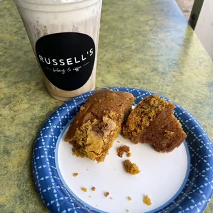Pumpkin muffin and cold brew with sweet cream pumpkin foam