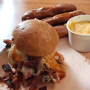 Pulled Pork, Bacon, Hamburg with egg, cheese, onions, jalapeños &amp; jalapeño honey bbq sauce.