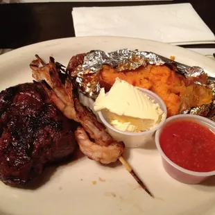 filet, shrimp skewer, baked sweet potato