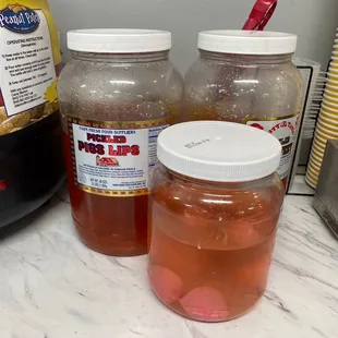 Very popular snack options. Pickled pig lips and pickled eggs.