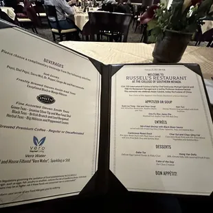 a menu for the restaurant