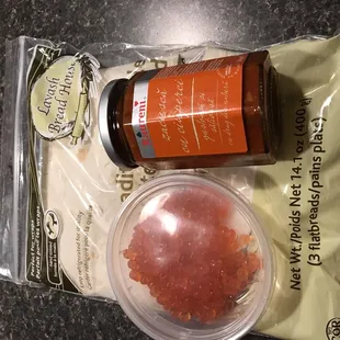 Lavash bread, caviar, veggie spread