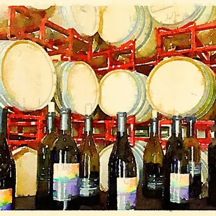 a row of wine bottles and barrels