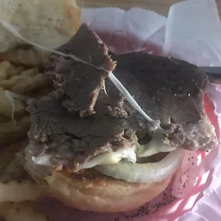 a steak sandwich and french fries