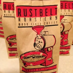 a bunch of bags of coffee