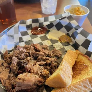 Brisket Plate with greens and macaroni &amp; cheese.