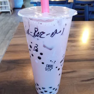 Large guava and rose milk tea with boba