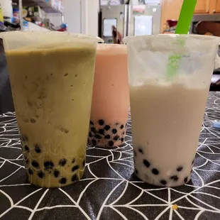 Matcha, Rose, Hazelnut slushy with boba