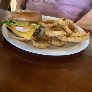 Burger and onion rings
