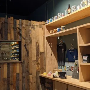 a bar with wooden shelves