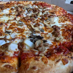 Sausage, onion, mushroom pizza