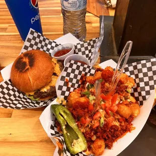 Rustic burger and load tots